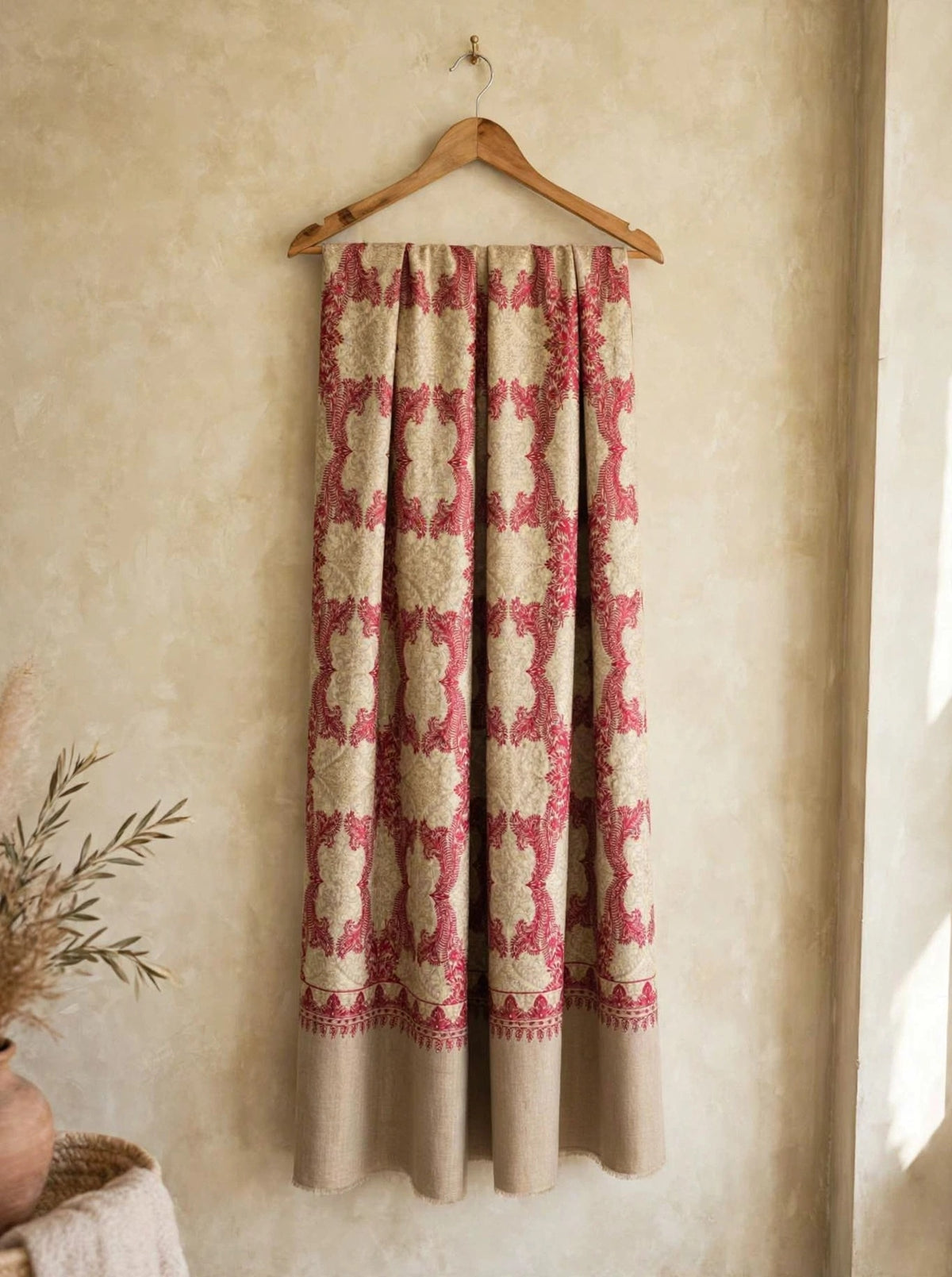 Beige Kashmiri Pashmina Shawl with Raspberry Pink Aari Embroidery