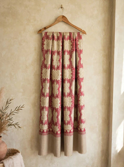 Beige Kashmiri Pashmina Shawl with Raspberry Pink Aari Embroidery