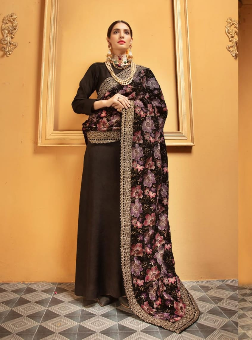 Velvet embroidered shawl