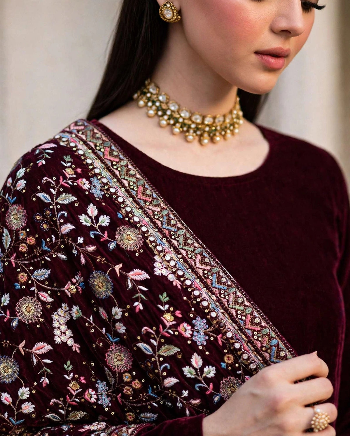 Raat Ki Rani - Burgundy Velvet Kalamkar Shawl Set