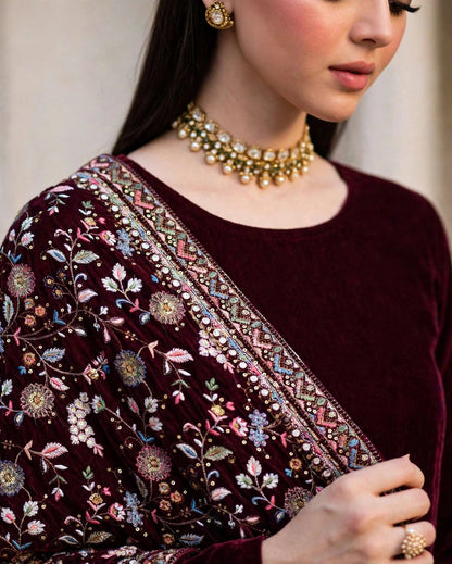 Raat Ki Rani - Burgundy Velvet Kalamkar Shawl Set