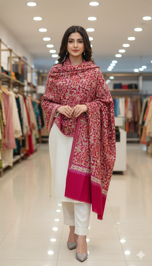 Ruby Bloom Pashmina Shawl  Embroidered Elegance