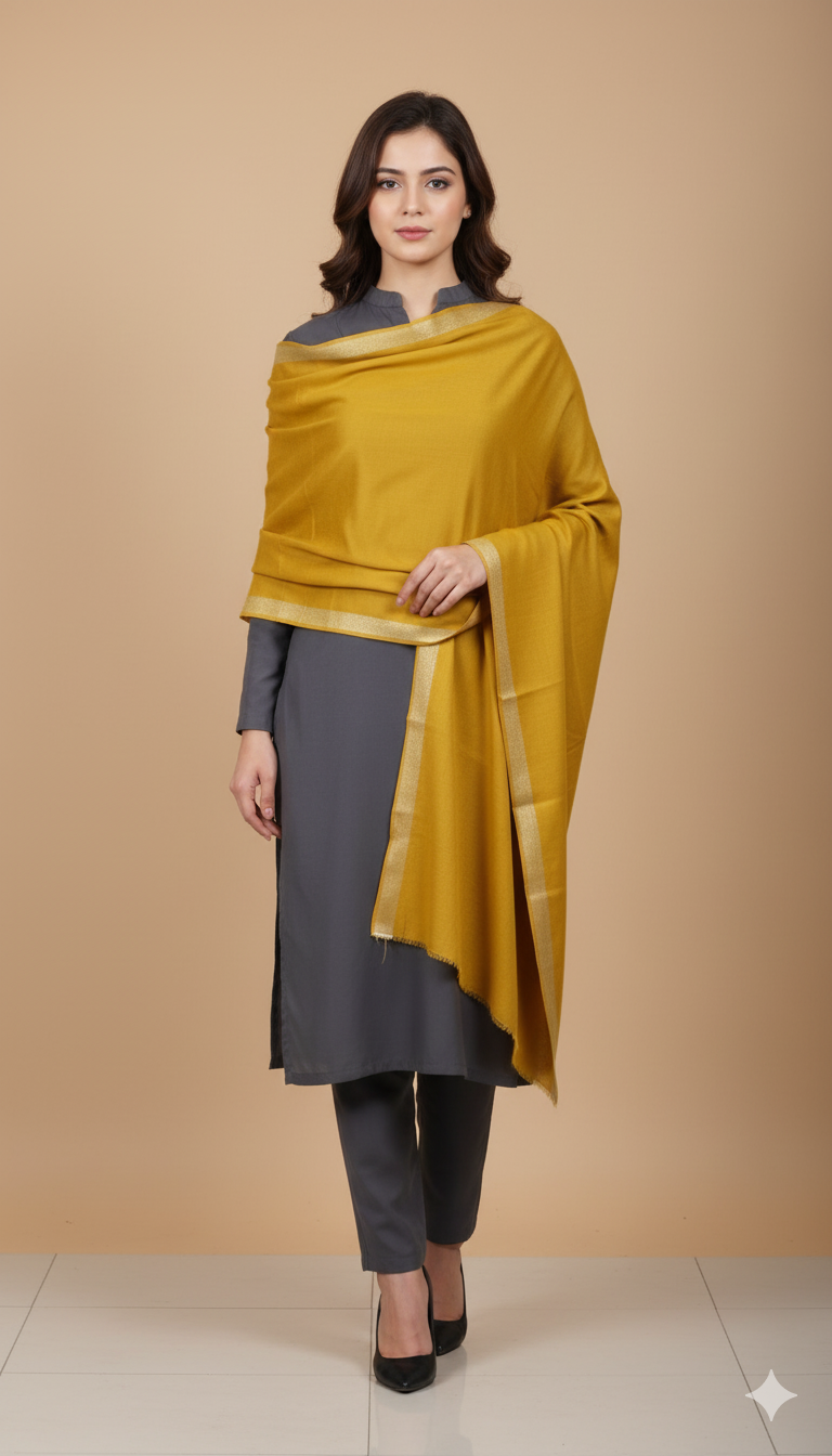 Golden Mustard Zari Border Pashmina Shawl
