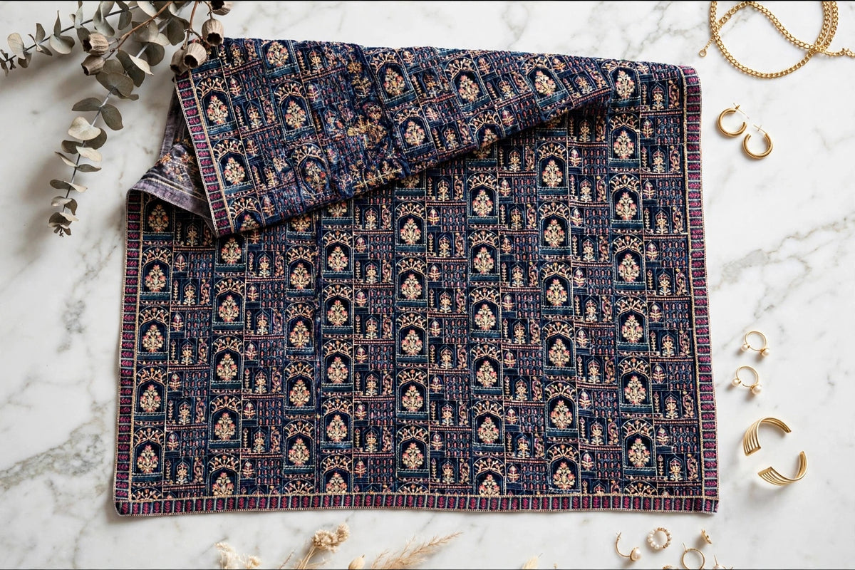 Noor-e-Jahan Teal Blue Fully Embroidered Velvet Shawl  Mughal Arch Design