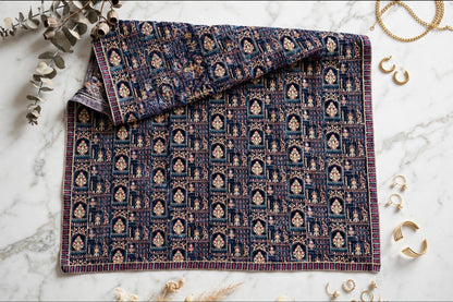 Noor-e-Jahan Teal Blue Fully Embroidered Velvet Shawl  Mughal Arch Design