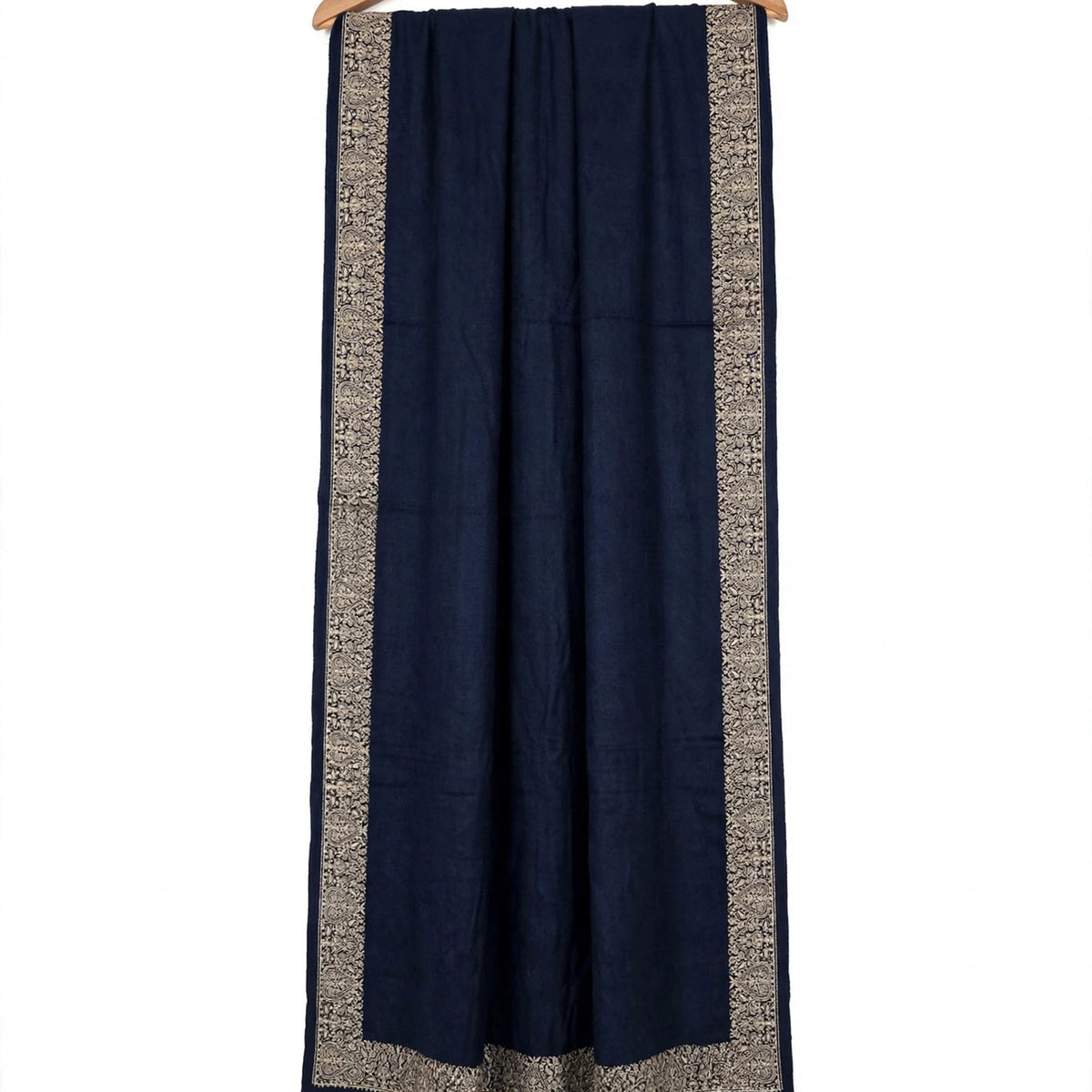 Navy Blue Pashmina Shawl with Gold Zari Paisley Border