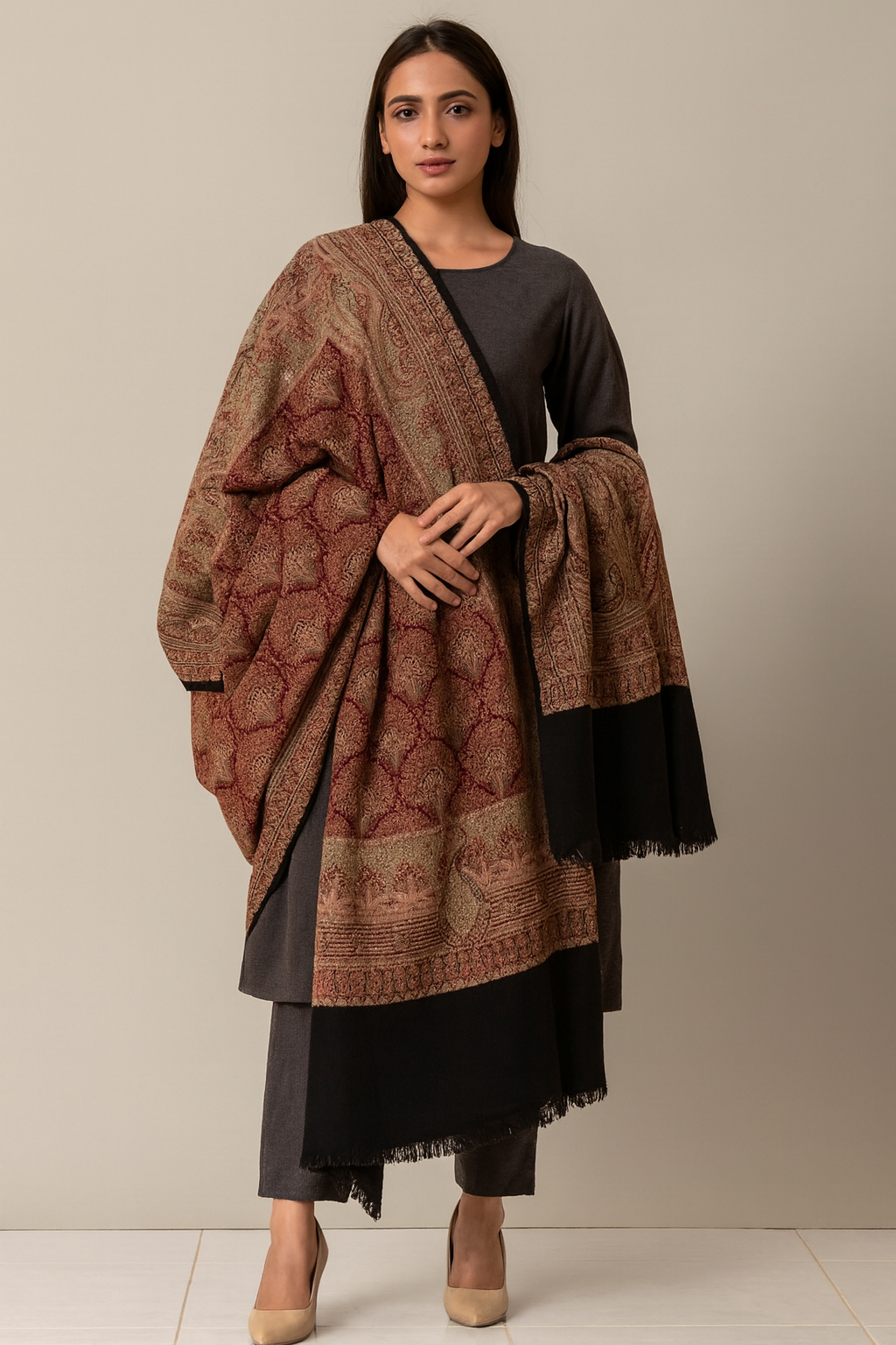Luxurious Maroon & Beige Pashmina Shawl