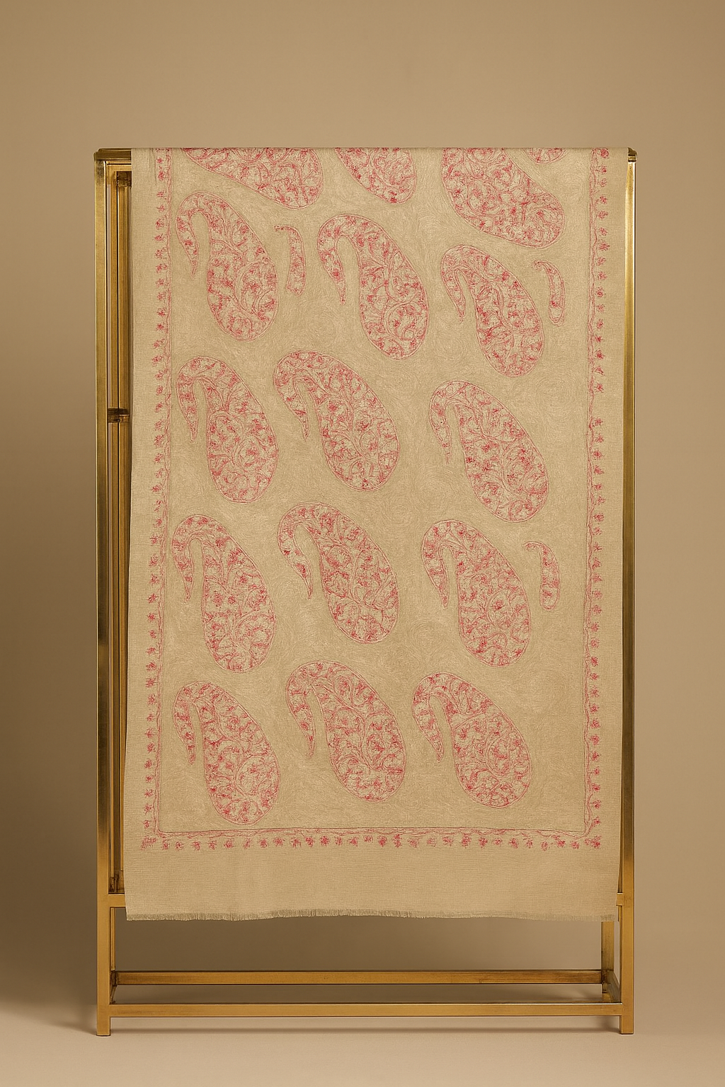 Luxury Pashmina Shawl – Beige with Pink Aari Embroidery