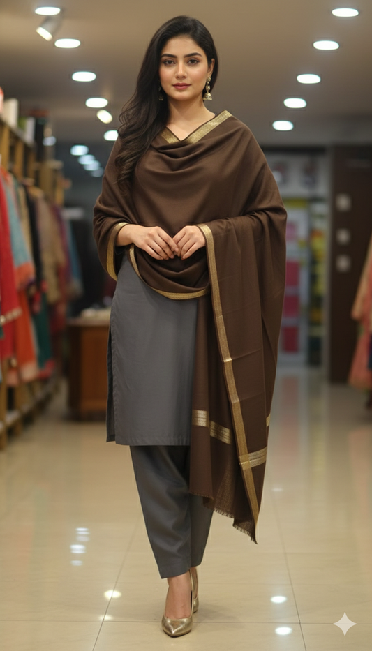 Elegant Zari Border Pashmina Shawl – Chocolate Brown