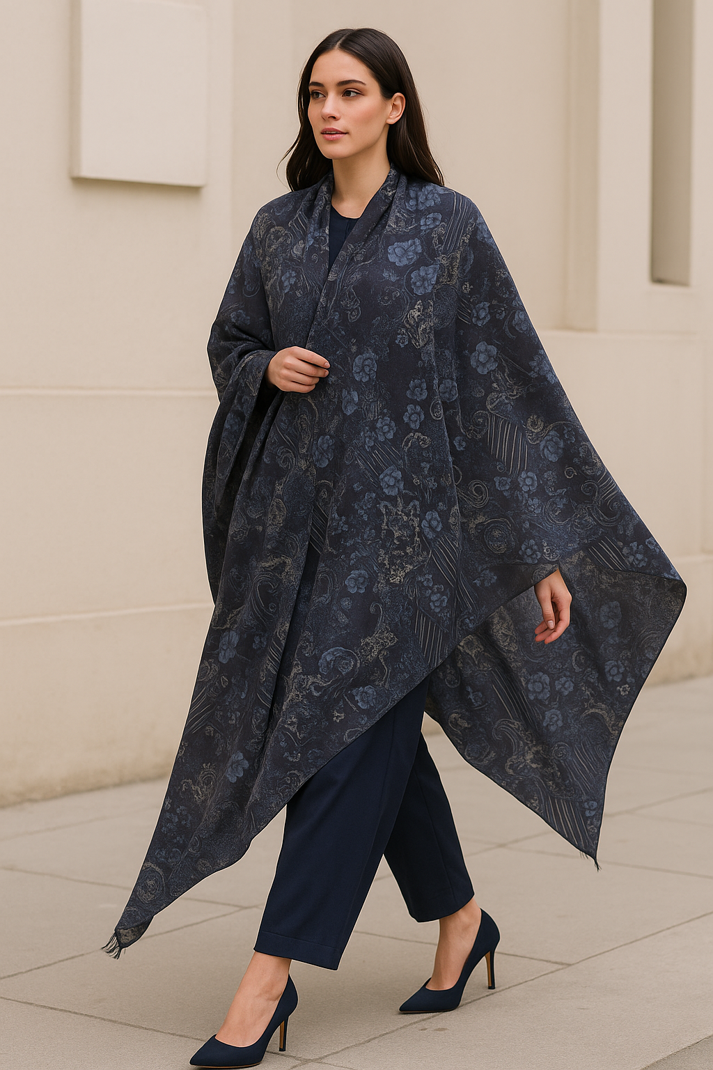 Elegant Printed Pashmina Shawl Navy & Grey Floral Pattern