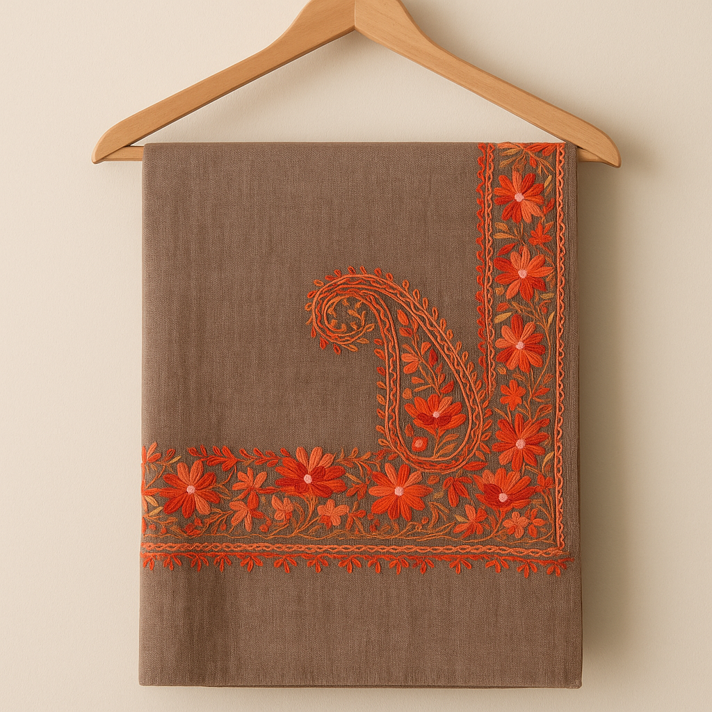 Beige Pashmina Shawl with Four-Side Floral Paisley Embroidery