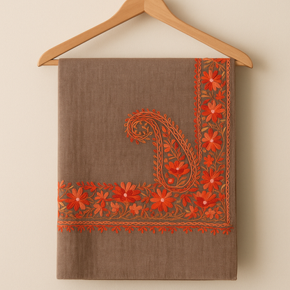 Beige Pashmina Shawl with Four-Side Floral Paisley Embroidery