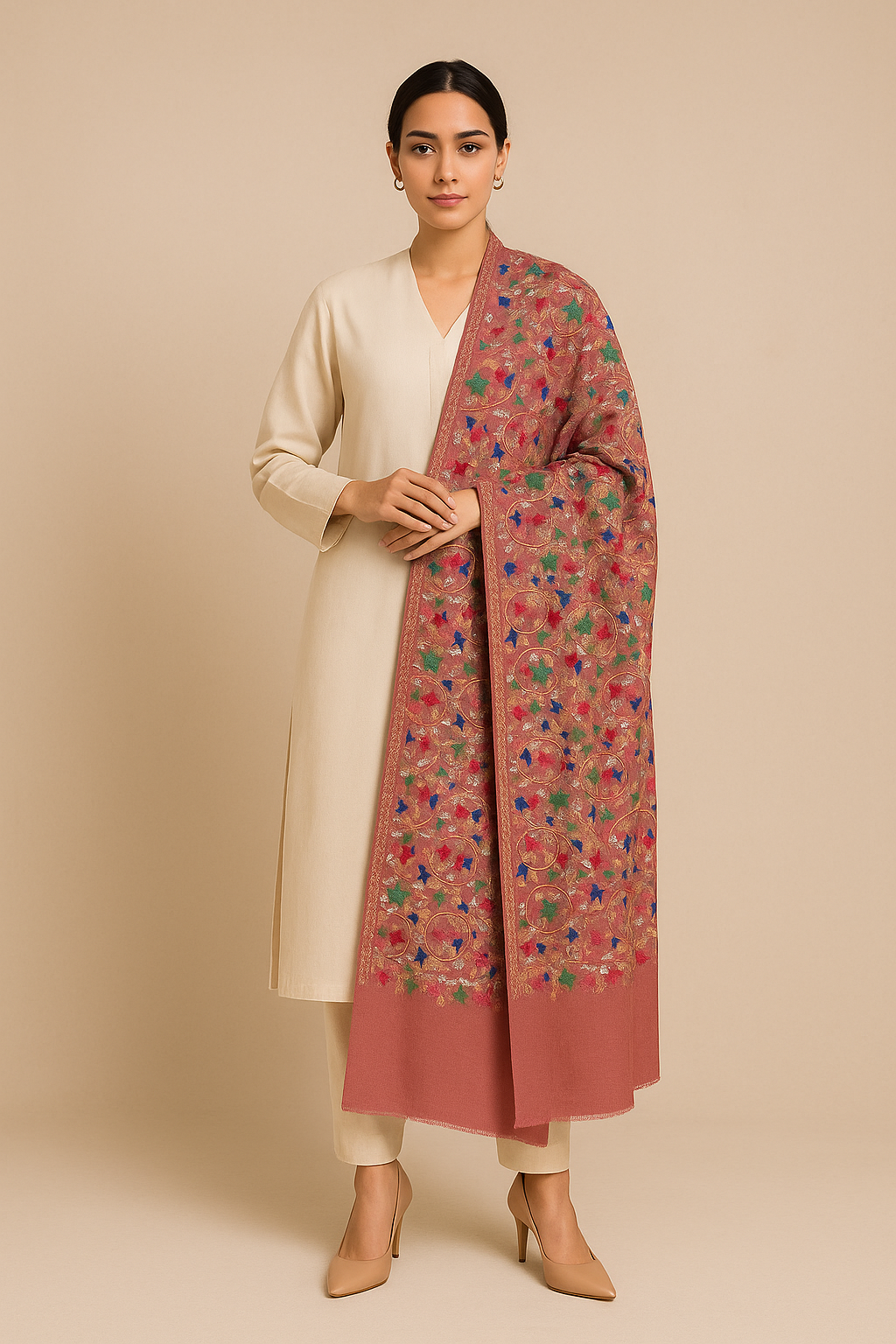 Premium Aari Embroidered Pashmina Shawl Multicolor Floral on Terracotta Base