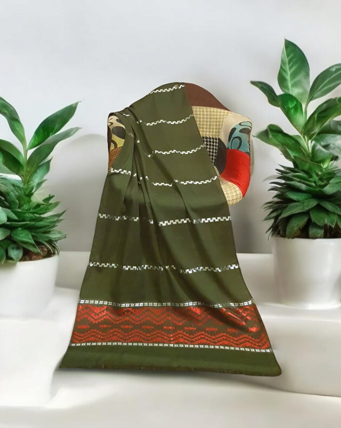Olive Green Stole with Tribal Border