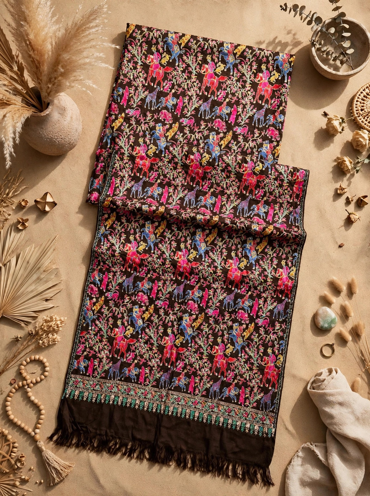Brown Pashmina Shikargah Shawl with Multicolor Nalki Embroidery - Royal Hunt