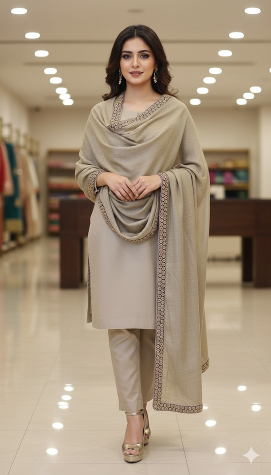 Elegant Beige Embroidered Pashmina Shawl