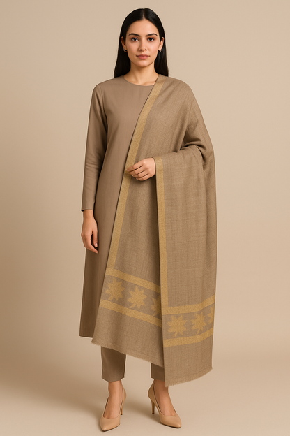 Elegant Beige Pashmina Shawl with Golden Zari Border