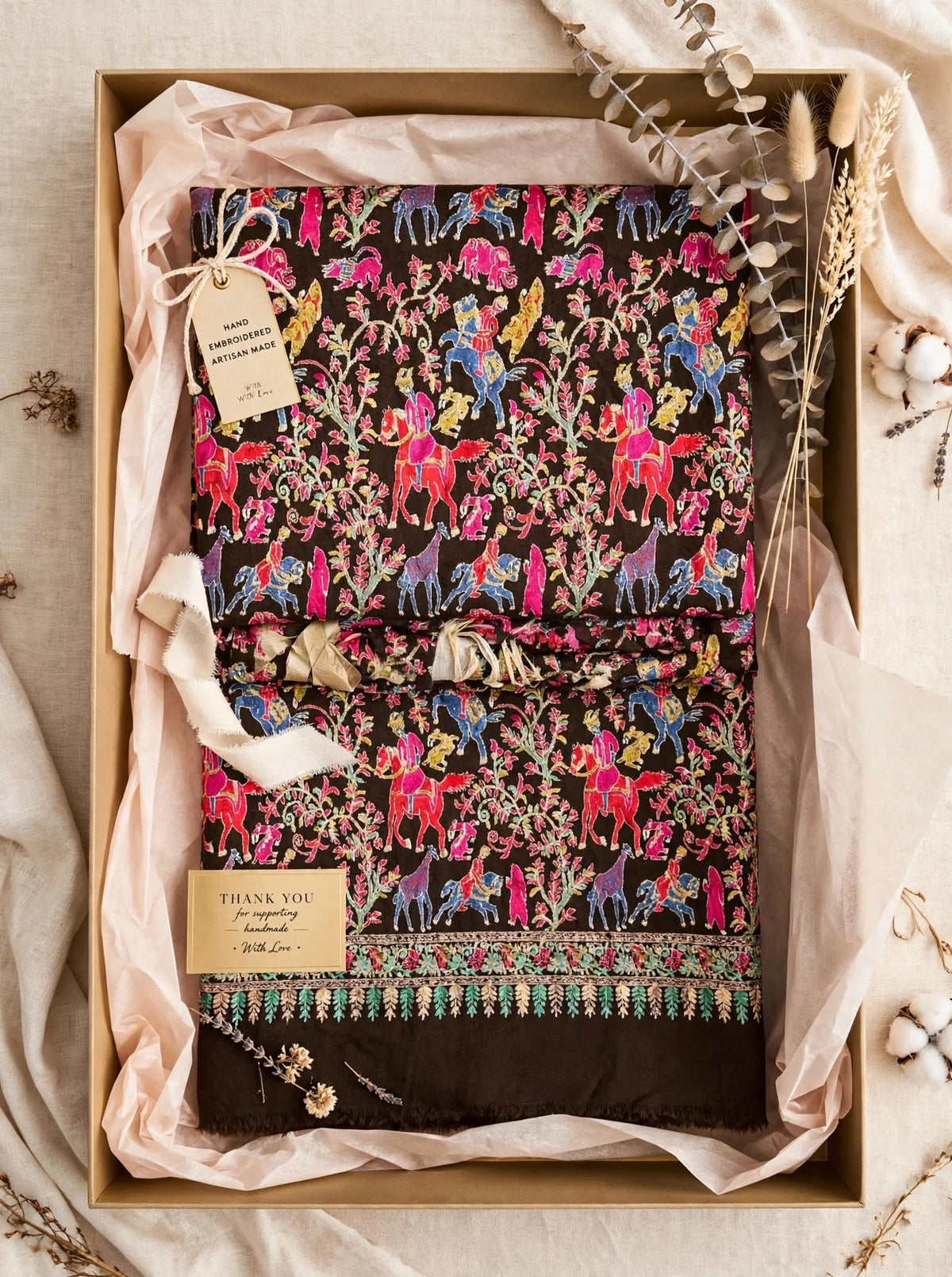 Brown Pashmina Shikargah Shawl with Multicolor Nalki Embroidery - Royal Hunt