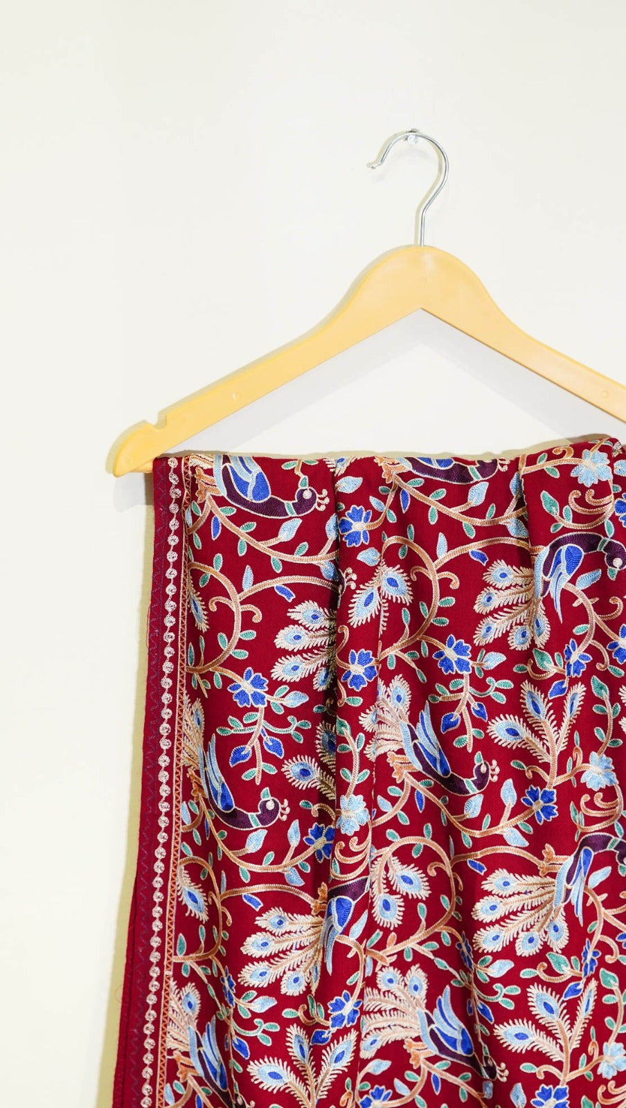 Luxury Maroon Pashmina Shawl with Intricate Multi-Colored Embroidery