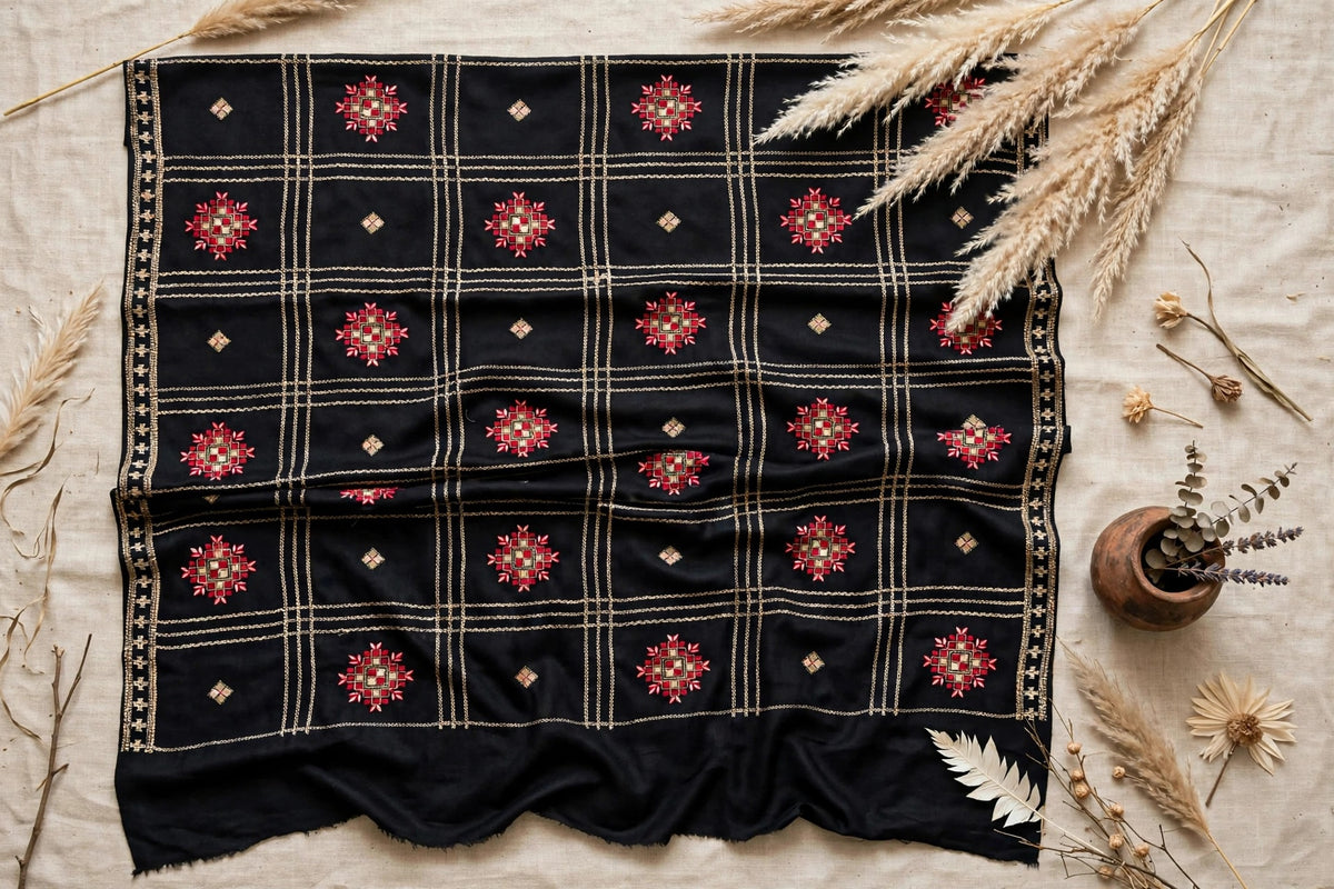 Noir Heritage - Black Embroidered Check Shawl with Red Motif