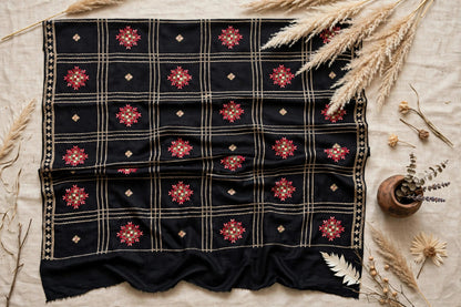 Noir Heritage - Black Embroidered Check Shawl with Red Motif