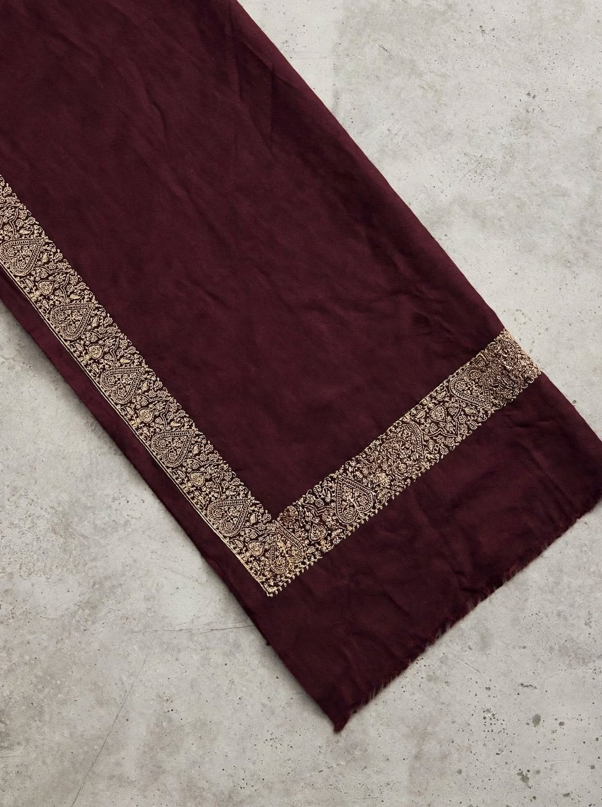Plum Embroidered Pashmina Shawl - Gold Zari Paisley Border - Soft Wool Winter Shawl
