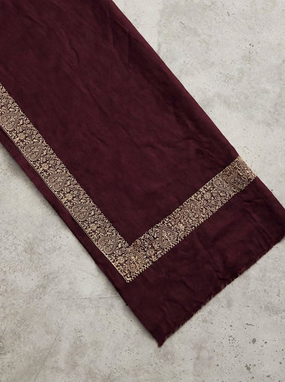Plum Embroidered Pashmina Shawl - Gold Zari Paisley Border - Soft Wool Winter Shawl