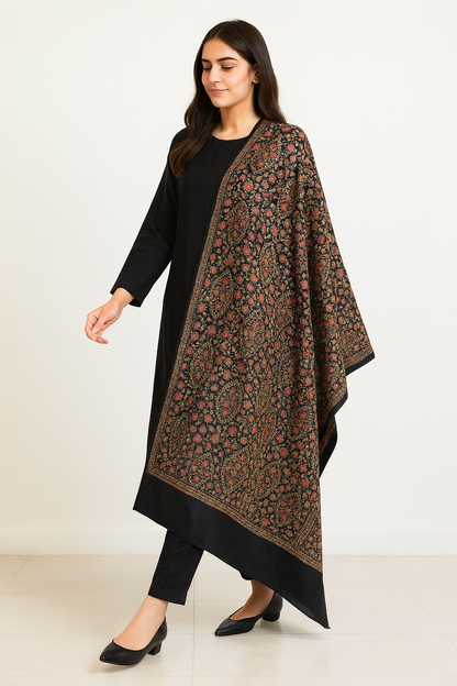 Luxury Needle Embroidery Pashmina Shawl – Black Base with Multicolor Floral Motifs
