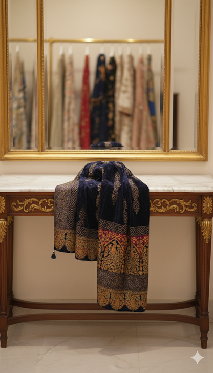 Luxury Block Print Velvet Shawl – Midnight Blue Elegance