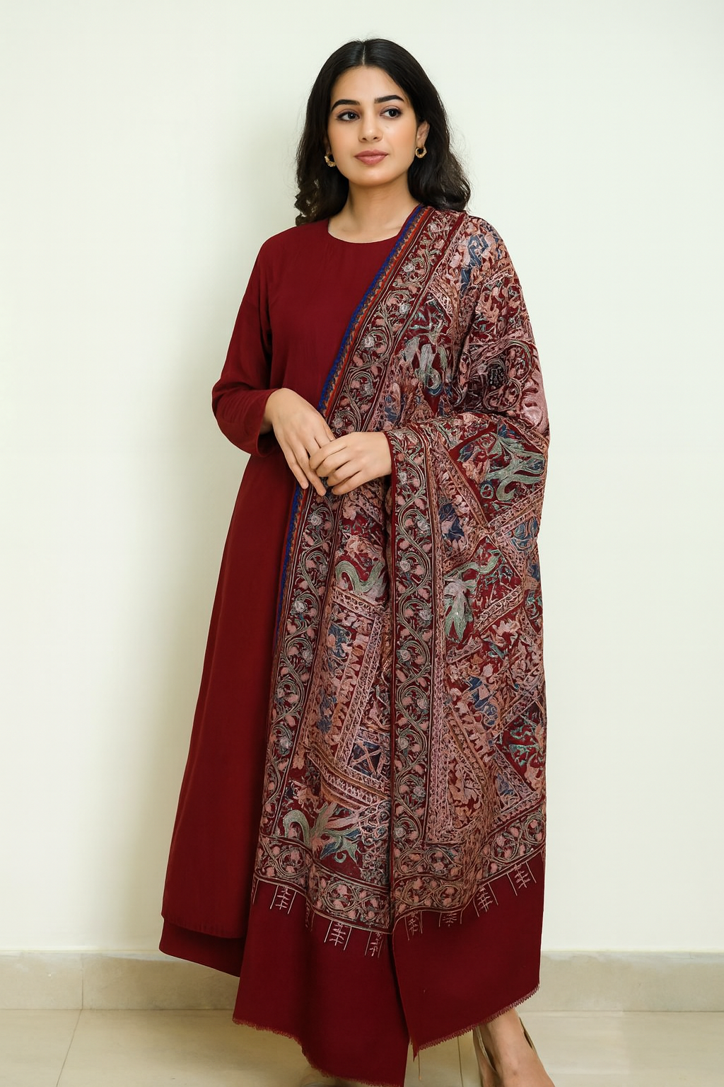 Premium Kalamkar Embroidered Pashmina Shawl  Deep Maroon
