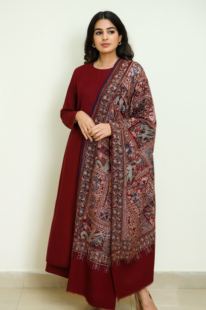 Premium Kalamkar Embroidered Pashmina Shawl  Deep Maroon