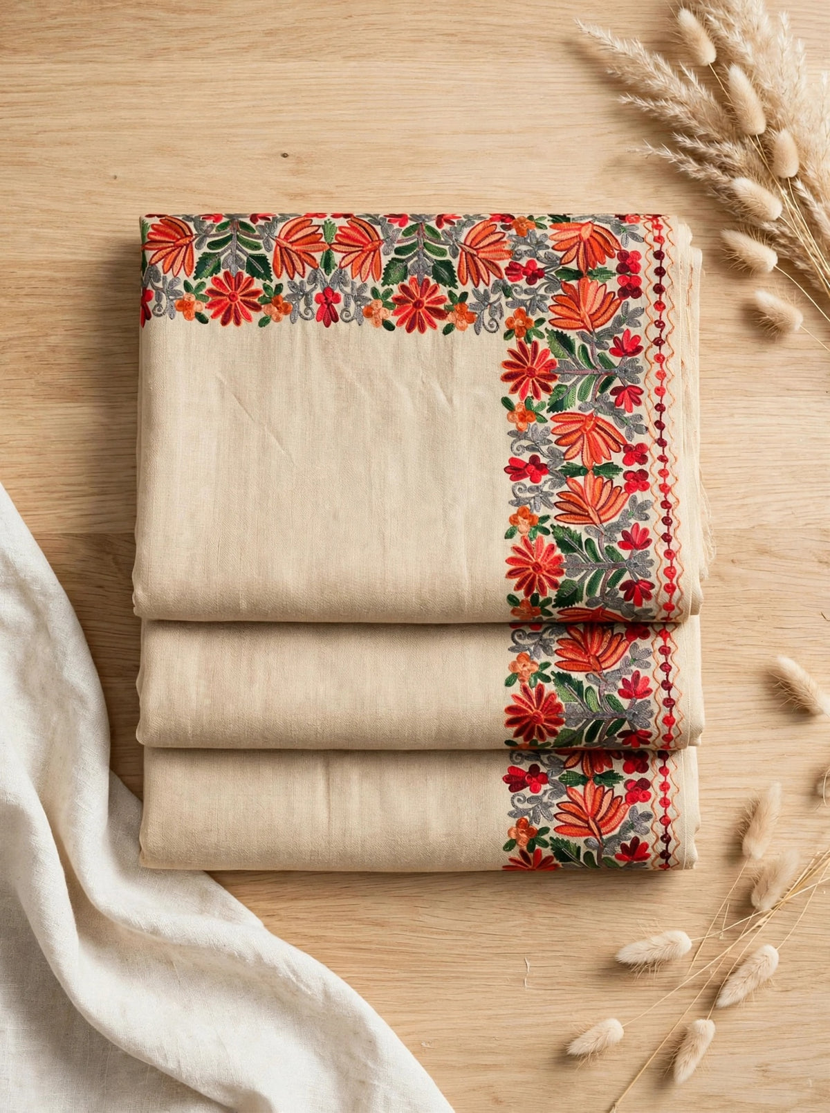 Beige Bloom - Pure Pashmina Aari Embroidered Shawl | Handmade Kashmiri Floral Border