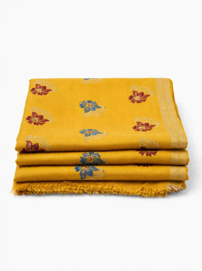 Mustard Bloom - Embroidered Pashmina Shawl with Floral Booti & Zari Border