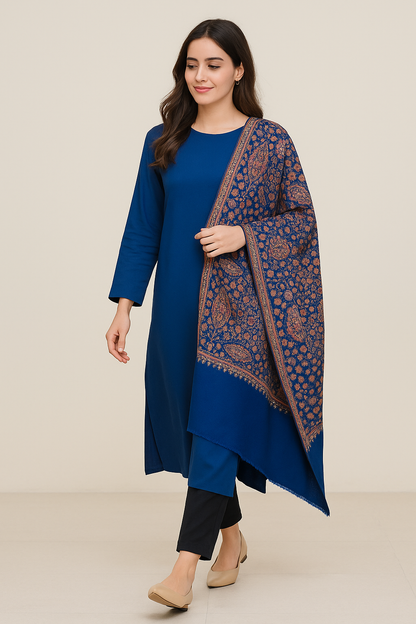 Royal Blue Needle Embroidery Pashmina Shawl Traditional Elegance