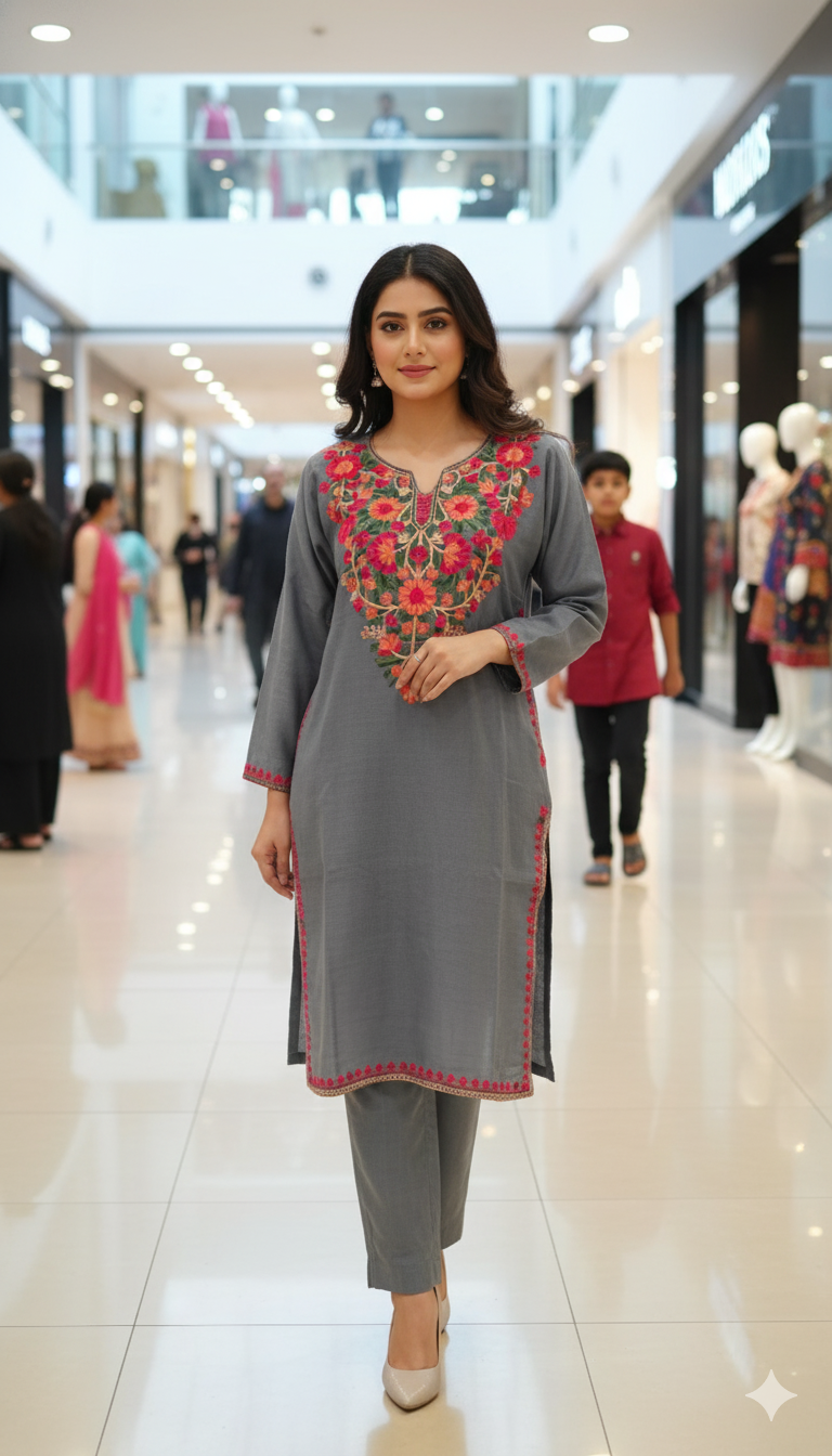 Kashmiri Embroidered Pashmina Pheran - Grey