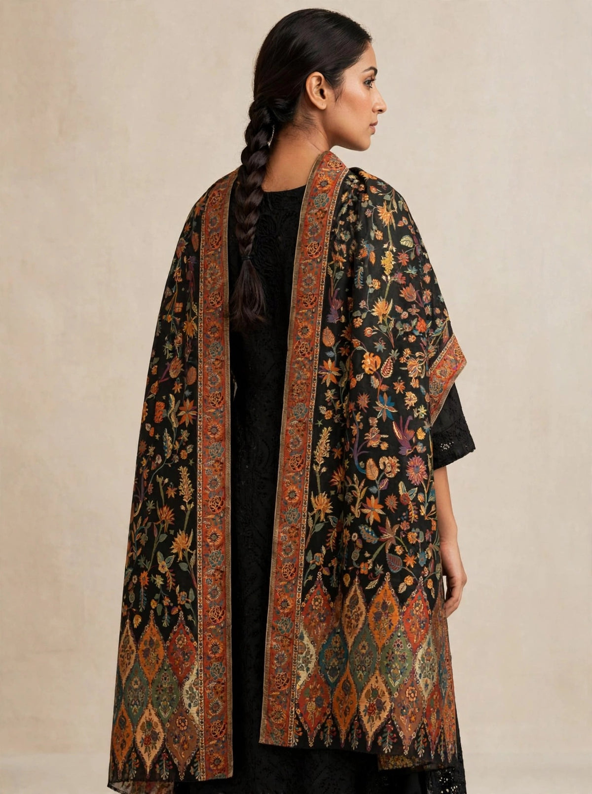 Heirloom Black Floral Kani Silk Dupatta - Pure Handwoven Kashmiri Luxury