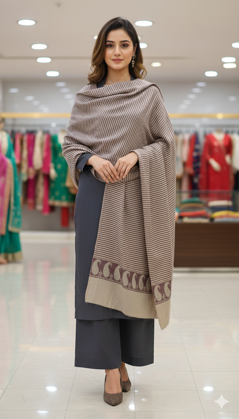 Elegant Striped Pashmina Shawl with Paisley Border