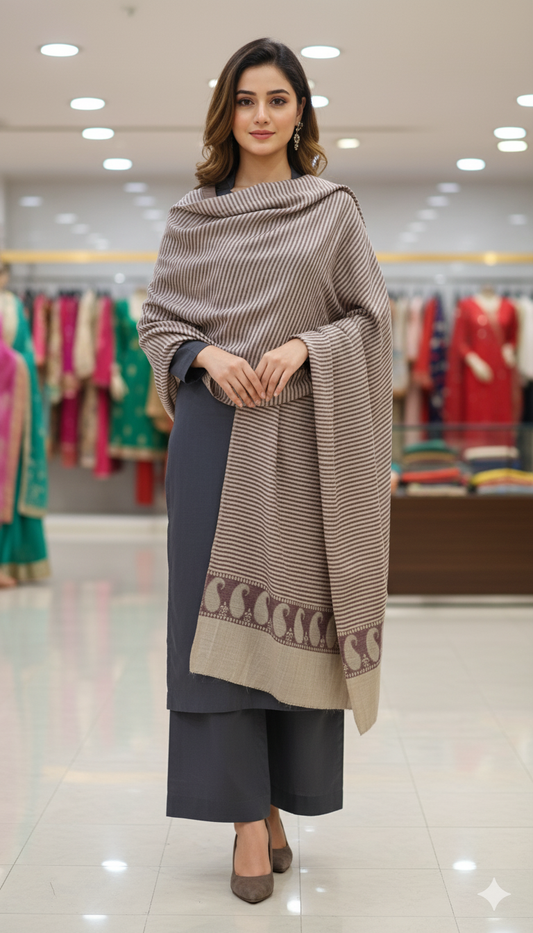 Elegant Striped Pashmina Shawl with Paisley Border