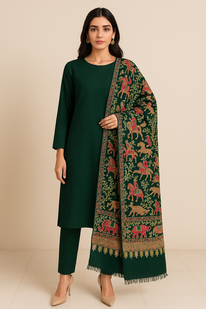 Regal Green Pashmina Shawl with Multicolor Aari Embroidery