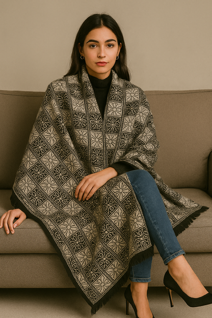 Elegant Black & Beige Wool Stoler  Geometric Floral Pattern