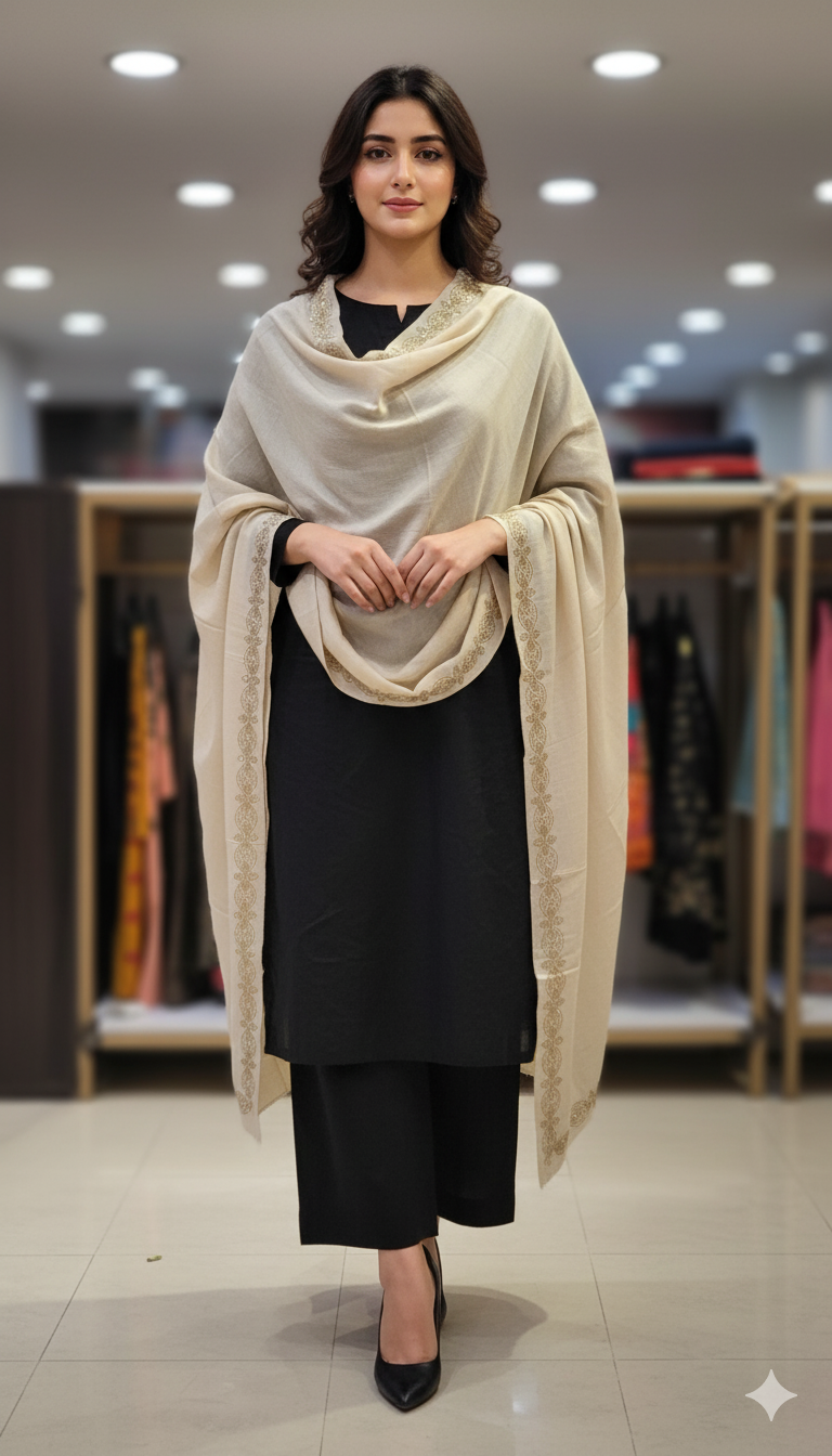 Elegant Beige Pashmina Shawl with Embroidered Border
