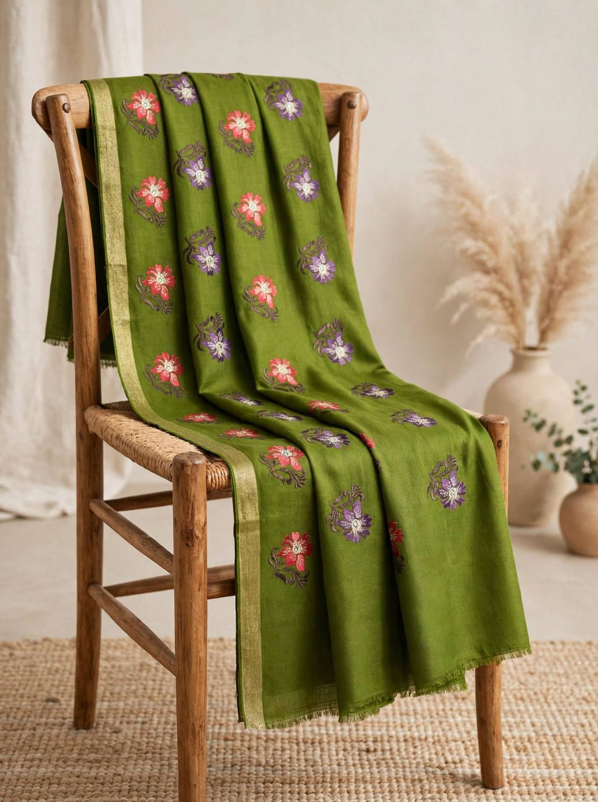 Olive Green Floral Embroidered Pashmina Shawl with Gold Zari Border