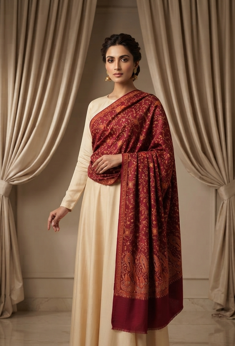 Regal Maroon Sozni Embroidered Pure Pashmina Shawl