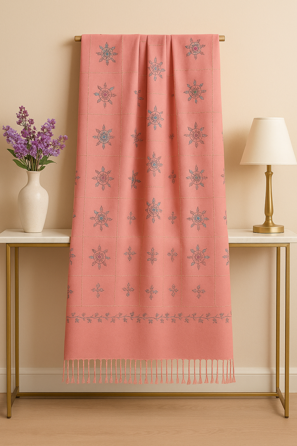 Hand embroidery pink pashmina shawl