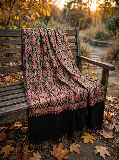 Black Pashmina Shawl with Multicolor Aari Embroidery
