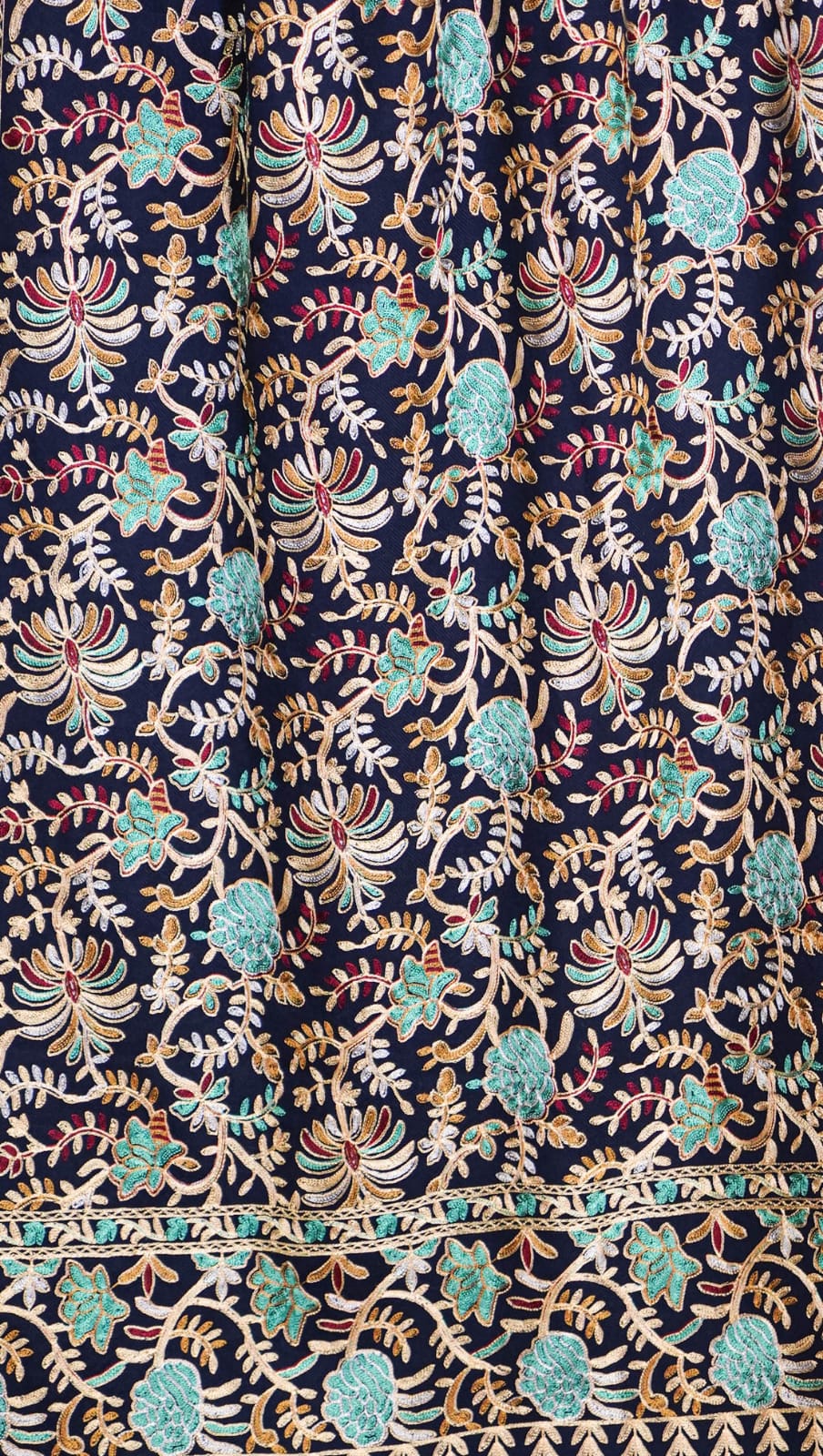 Elegant Navy Blue Pashmina Shawl with Floral Embroidery