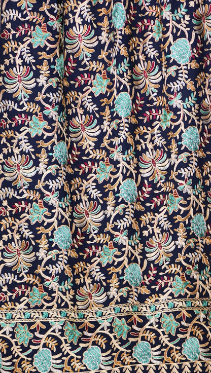 Elegant Navy Blue Pashmina Shawl with Floral Embroidery