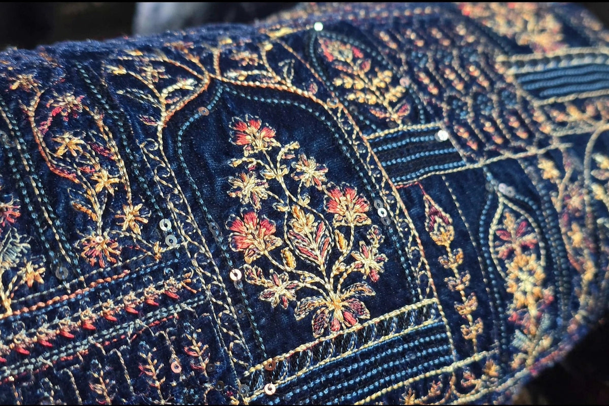 Noor-e-Jahan Teal Blue Fully Embroidered Velvet Shawl  Mughal Arch Design
