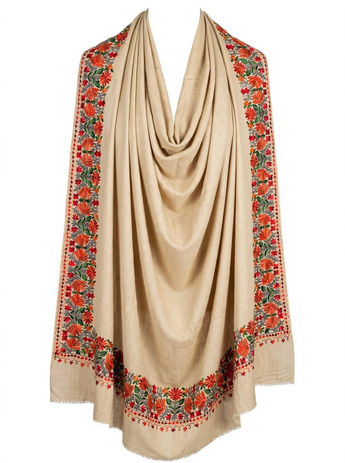 Beige Bloom - Pure Pashmina Aari Embroidered Shawl | Handmade Kashmiri Floral Border