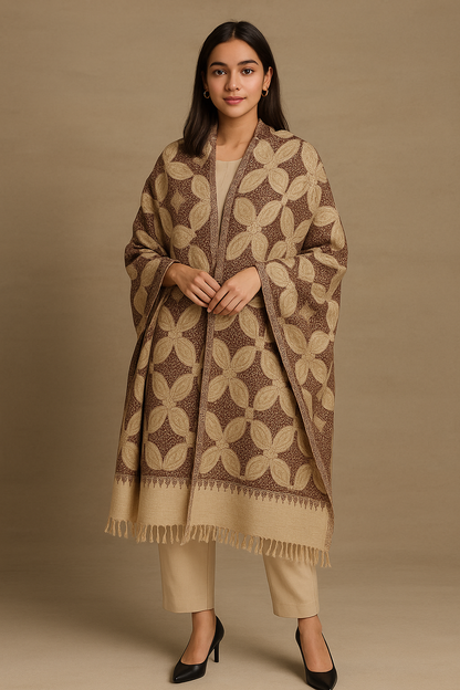 Elegant Pashmina Shawl with Aari Embroidery –Beige & Brown